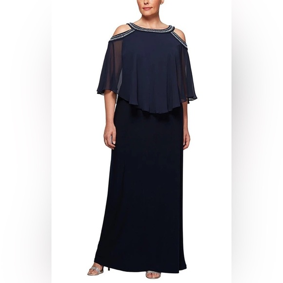 Alex Evenings Cold Shoulder Popover Jersey & Chiffon Gown with Beaded Neckline - Picture 1 of 7